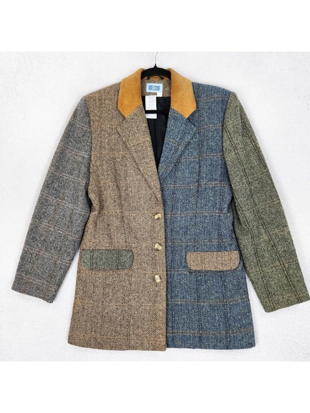 Vintage QPS Jacket Womens 6 Blue Tan Herringbone Patchwork Wool Blend Blazer